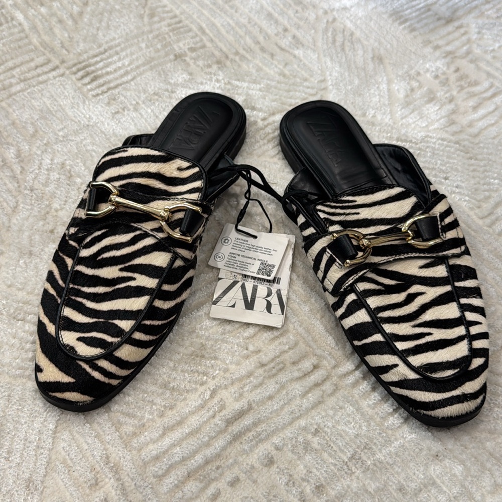 Zara Black and White Zebra Print Loafers
